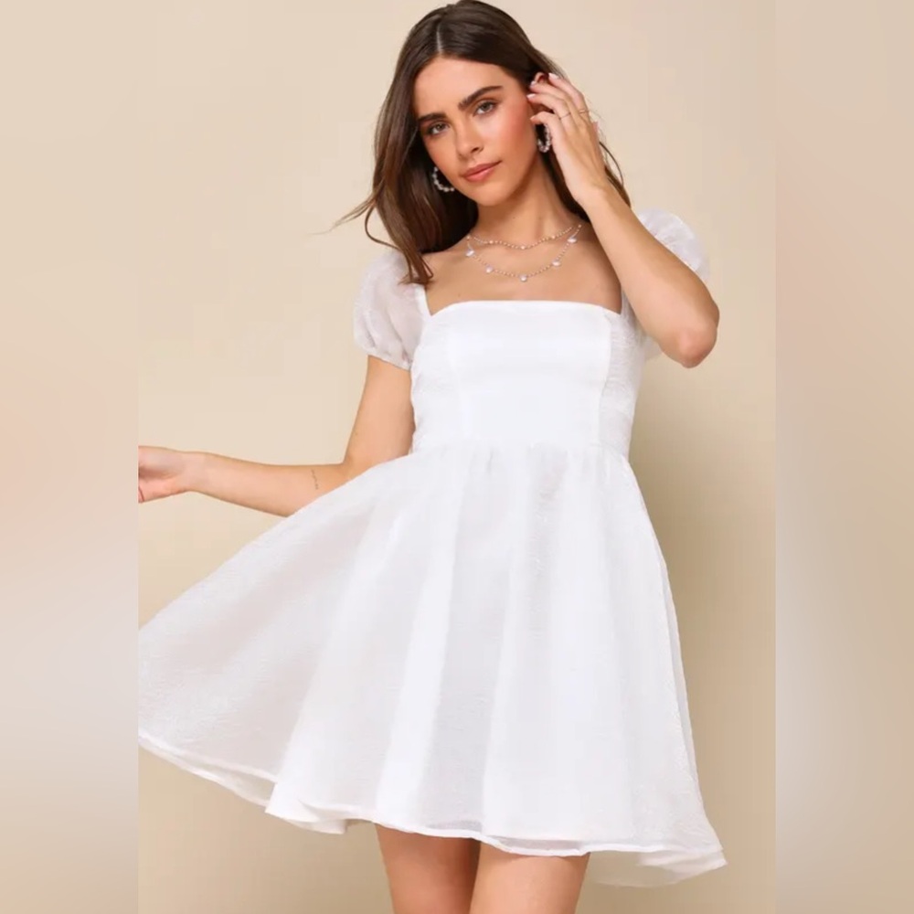 Lulus Sweetest Grace Shiny White Organza Puff Sleeve Mini Dress